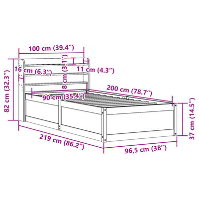 vidaXL Cadru de pat cu tăblie, alb, 90x200 cm, lemn masiv de pin