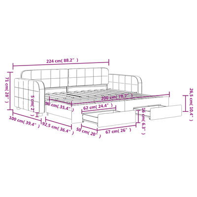 vidaXL Pat de zi cu extensie și sertare gri închis 90x200 cm catifea