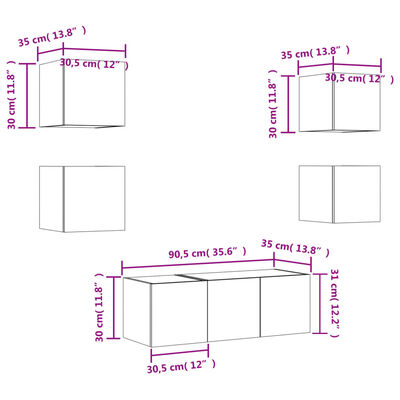 vidaXL Unități de perete TV cu LED-uri, 6 piese, gri sonoma, lemn