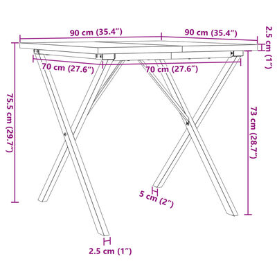 vidaXL Masă bucătărie, cadru X, 90x90x75,5 cm lemn masiv pin și fontă