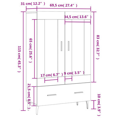 vidaXL Dulap înalt, stejar afumat, 69,5x31x115 cm, lemn prelucrat