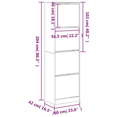 vidaXL Dulap de pantofi 4 sertare rabatabile, gri beton, 60x42x204 cm