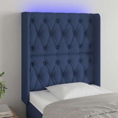 vidaXL Tăblie de pat cu LED, albastru, 83x16x118/128 cm, textil