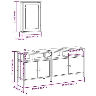 vidaXL Set mobilier de baie, 3 piese, stejar fumuriu, lemn prelucrat