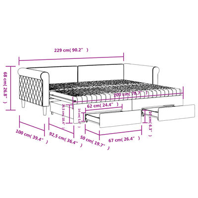 vidaXL Pat de zi cu extensie și sertare gri închis 90x200 cm catifea