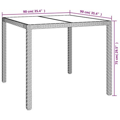 vidaXL Masă grădină, alb, 90x90x75 cm, sticlă securizată și poliratan