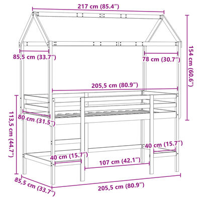 vidaXL Pat etajat cu scară și acoperiș, alb, 80x200 cm, lemn masiv pin