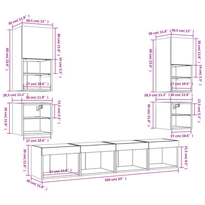 vidaXL Unități de perete TV cu LED-uri, 8 piese, stejar fumuriu, lemn