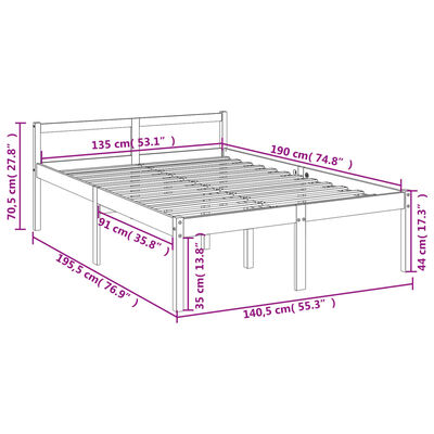 vidaXL Pat pentru seniori dublu, negru, 135x190 cm, lemn masiv de pin