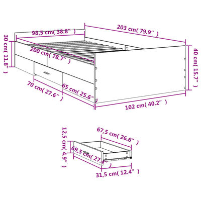 vidaXL Cadru de pat cu sertare gri sonoma 100x200 cm lemn prelucrat