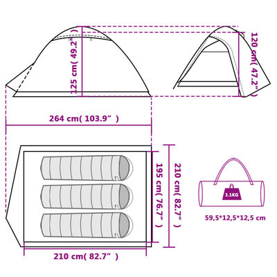 vidaXL Cort de camping cupolă 3 persoane, portocaliu, impermeabil