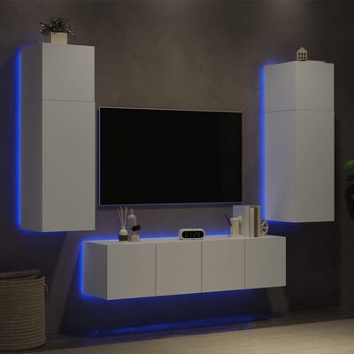 vidaXL Unități de perete TV cu LED-uri, 6 piese, alb, lemn prelucrat