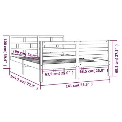 vidaXL Cadru de pat dublu, alb, 135x190 cm, lemn masiv