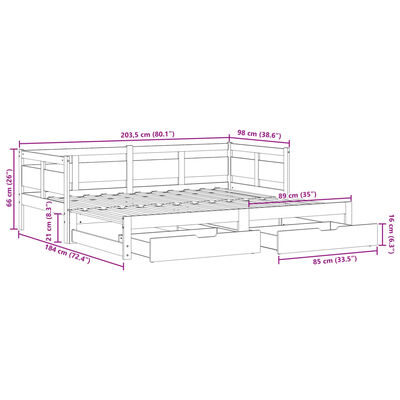 vidaXL Pat de zi cu extensie și sertare fără saltea, alb, 90x200 cm