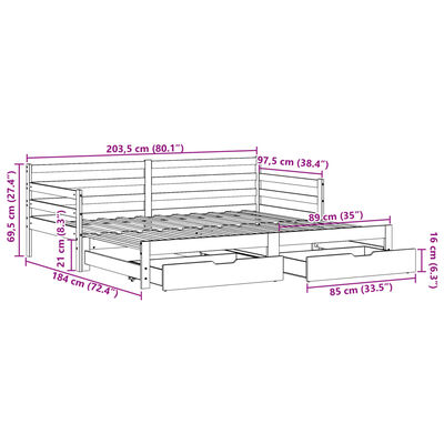 vidaXL Pat de zi cu extensie și sertare fără saltea, alb, 90x200 cm