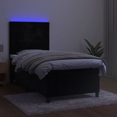 vidaXL Pat cu arcuri, saltea și LED, negru, 90x190 cm, catifea