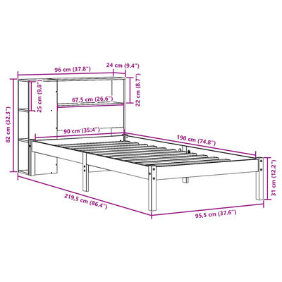 vidaXL Pat cu bibliotecă fără saltea, 90x190 cm, lemn masiv de pin