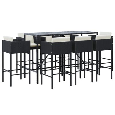 vidaXL Set mobilier bar de grădină cu perne, 9 piese, negru, poliratan