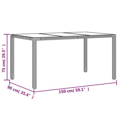 vidaXL Masă de grădină cu blat din sticlă gri, 150x90x75 cm, poliratan