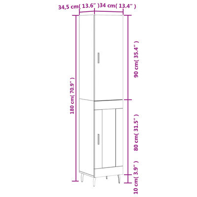 vidaXL Dulap înalt, alb, 34,5x34x180 cm, lemn prelucrat