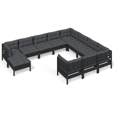 vidaXL Set mobilier grădină cu perne, 11 piese, negru, lemn de pin