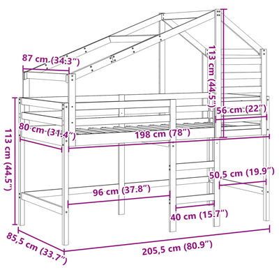 vidaXL Pat etajat cu scară și acoperiș, alb, 80x200 cm, lemn masiv pin