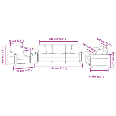 vidaXL Set canapea cu perne, 3 piese, gri închis, catifea