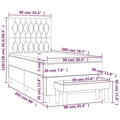 vidaXL Pat box spring cu saltea, gri deschis, 90x200 cm, catifea