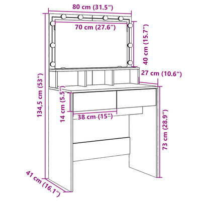 vidaXL Masă de toaletă cu LED, stejar fumuriu, 80x41x134,5 cm