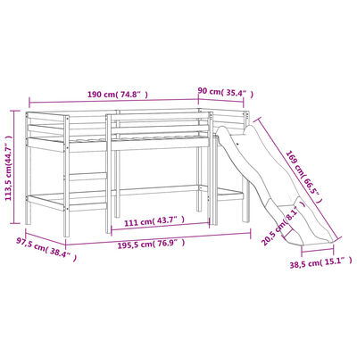 vidaXL Pat etajat de copii cu turn, roz, 90x190 cm, lemn masiv pin