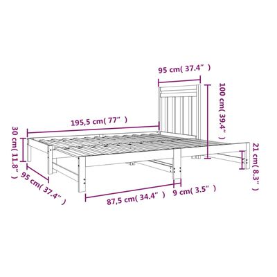 vidaXL Pat de zi extensibil, negru, 2x(90x190) cm, lemn masiv de pin