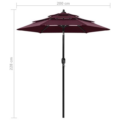 vidaXL Umbrelă de soare 3 niveluri, stâlp aluminiu, roșu bordo, 2 m