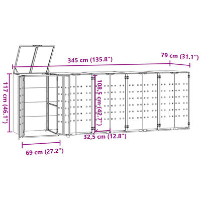 vidaXL Depozitare coș gunoi roți 5 coșuri antracit 345x79x117 cm oțel