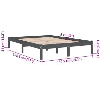 vidaXL Cadru de pat dublu, gri, 135x190 cm, lemn masiv