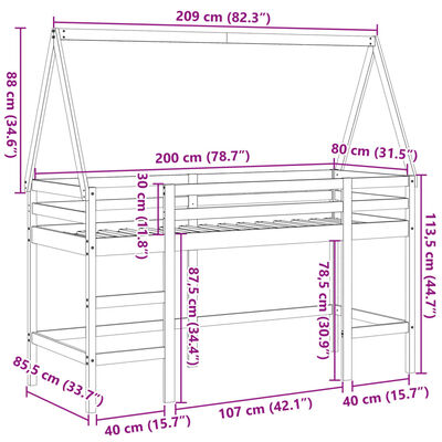 vidaXL Pat etajat cu scară și acoperiș, alb, 80x200 cm, lemn masiv pin