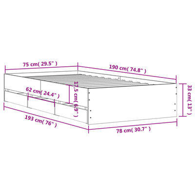 vidaXL Cadru de pat cu sertare, alb, 75x190 cm, lemn prelucrat