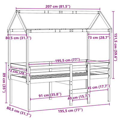 vidaXL Pat înalt cu acoperiș, 75x190 cm, lemn masiv de pin