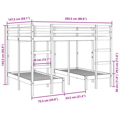 vidaXL Pat supraetajat triplu, alb 140x200/70x140 cm lemn pin