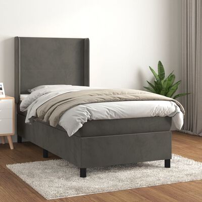 vidaXL Pat box spring cu saltea, gri închis, 90x200 cm, catifea