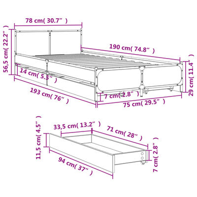 vidaXL Cadru de pat cu sertare stejar sonoma 75x190 cm lemn prelucrat