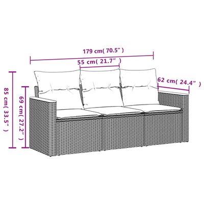 vidaXL Set canapea de grădină cu perne, 3 piese, gri, poliratan