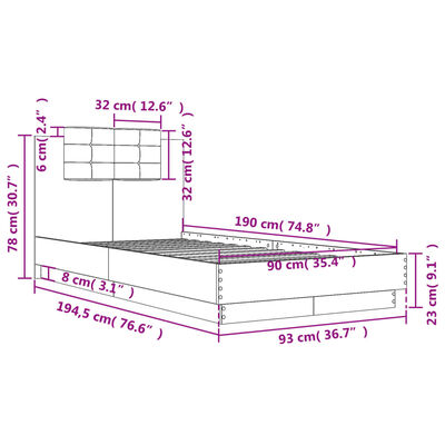 vidaXL Cadru de pat cu tăblie stejar fumuriu 90x190 cm lemn prelucrat