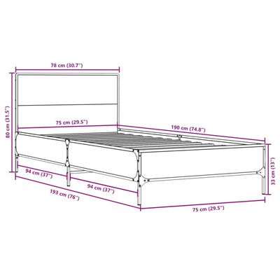 vidaXL Cadru de pat, stejar fumuriu, 75x190cm, lemn prelucrat și metal