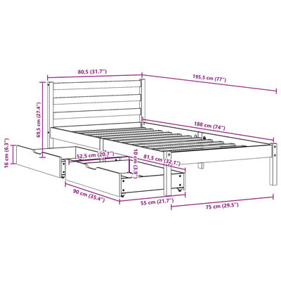 vidaXL Cadru de pat fără saltea, alb, 75x190 cm, lemn masiv de pin