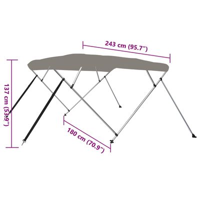 vidaXL Parasolar barcă Bimini cu 4 arcuri, gri, 243x180x137 cm