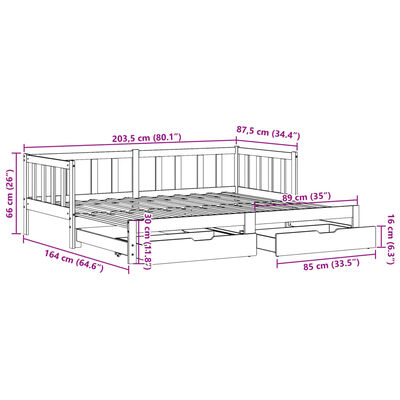 vidaXL Pat de zi cu extensie/sertare, alb, 80x200 cm, lemn masiv pin