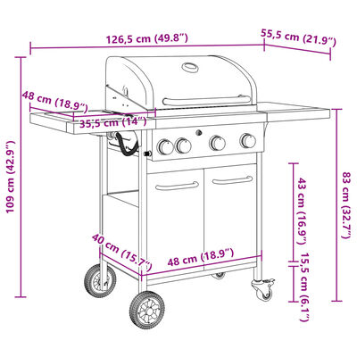 vidaXL Grătar pe gaz cu 4 arzătoare, negru, oțel vopsit electrostatic