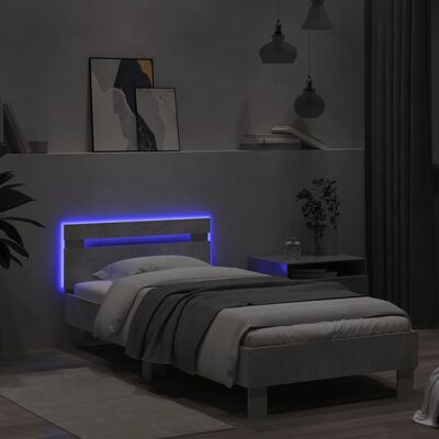 vidaXL Cadru de pat cu tăblie și lumini LED, gri beton, 90x190 cm