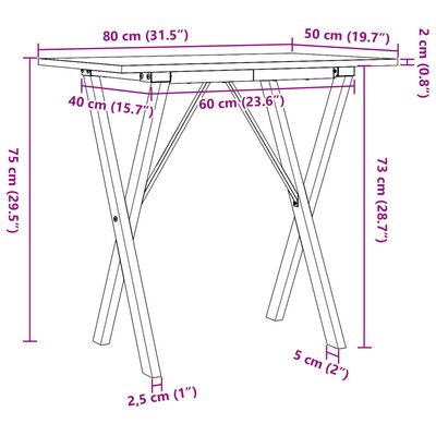 vidaXL Masă de bucătărie, cadru X, 80x50x75 cm lemn masiv pin și fontă