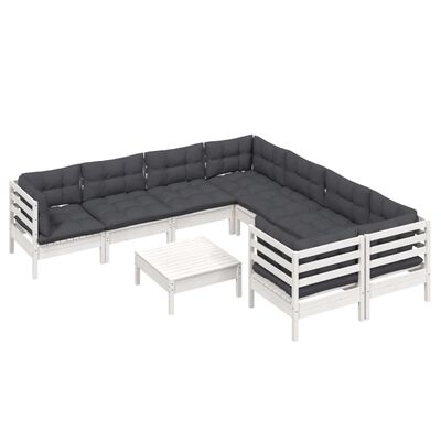 vidaXL Set mobilier de grădină cu perne, 9 piese, alb, lemn de pin